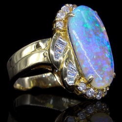 Opal Estate Ring with Baguette Diamond Ribbons in Yellow Gold